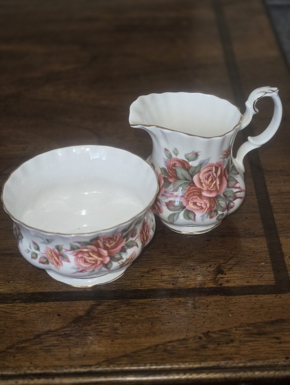 Royal Albert Centennial Rose Porcelain Creamer and Sugar Bowl with Gold Trim